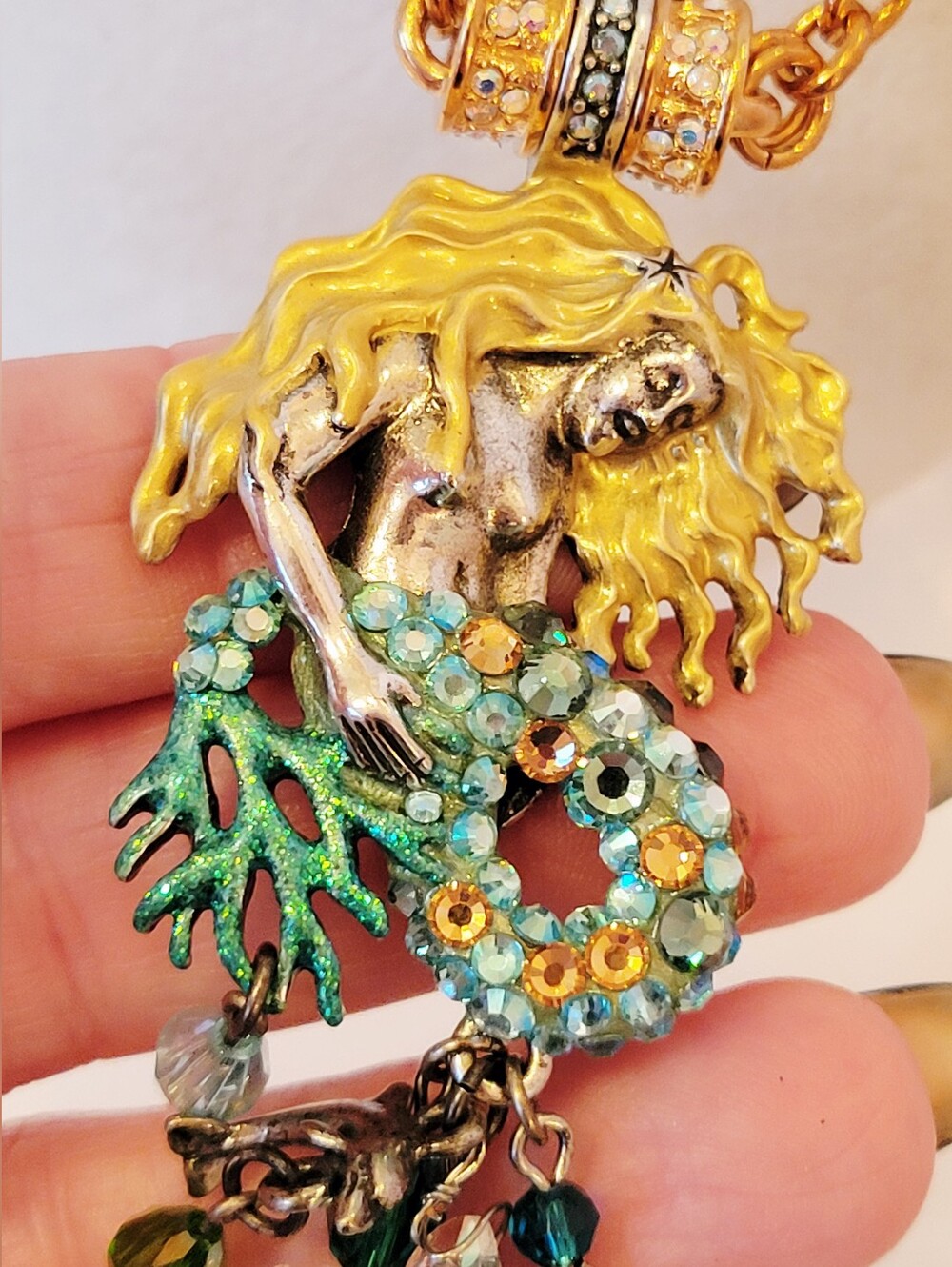 Kirks Folly Mermaid Pendant Necklace w Aqua and Green Accents & Gold-Tone Chain - Picture 8 of 12